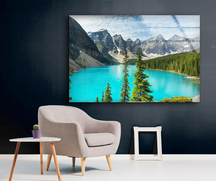 Glass wall art of the iconic Moraine Lake, where nature’s peaceful waters meet rugged mountain beauty.
