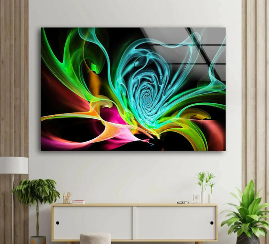 Focal point of art from glass displays a vibrant neon fractal swirl of turquoise, green, and magenta hues.