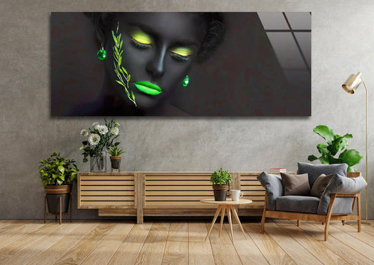 Panoramic glass wall art neon portrait of a woman with green accents and black tones and modern portrait decor for a vibrant space