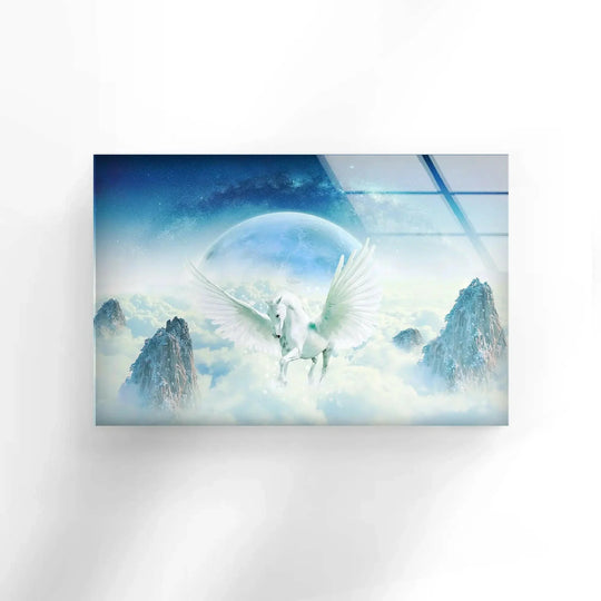 Deepest celestial hues accentuate the Pegasus Mythology decorative wall art as the glass reflects a night sky backdrop with a mystical moon.