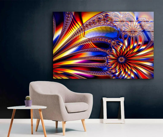 Vibrant blue and orange abstract colored glass wall art, featuring a captivating focal point, elevates home decor.