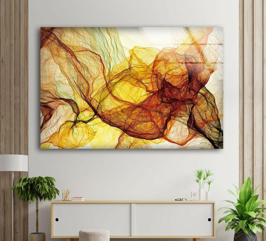 Panoramic yellow abstract art from glass featuring flowing, organic shapes.