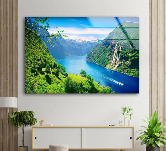 Capturing the abstract quality, this Geirangerfjord Norway glass wall artwork features an exquisite display of vibrant colors creating a majestic Nordic landscape.