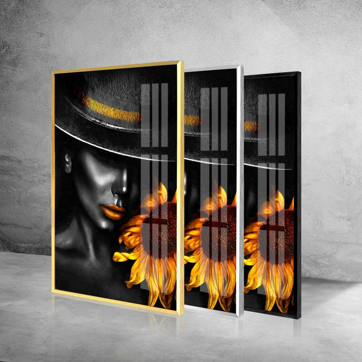 Schwarze Frau und Sonnenblume Glaswandkunst