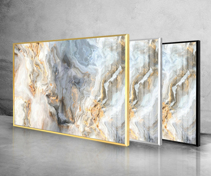 Wandkunst aus Marmorglas mit gewellten grauen und goldenen Adern