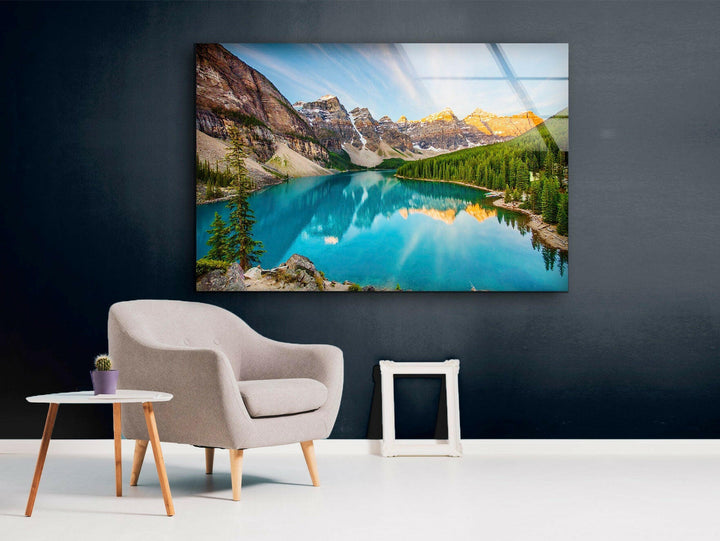 Vibrant Blue Waters and Snowy Peaks – A Timeless Glass Art Piece
