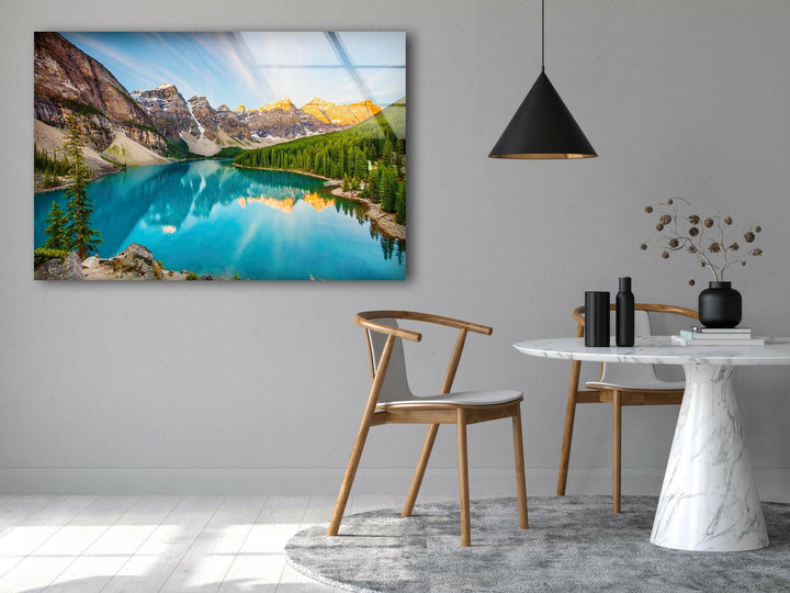 Moraine Lake at Sunrise – A Mesmerizing Glass Wall Art
