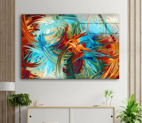A rectangular bright blue abstract painting glass art showcases dynamic swirling shapes and curves.