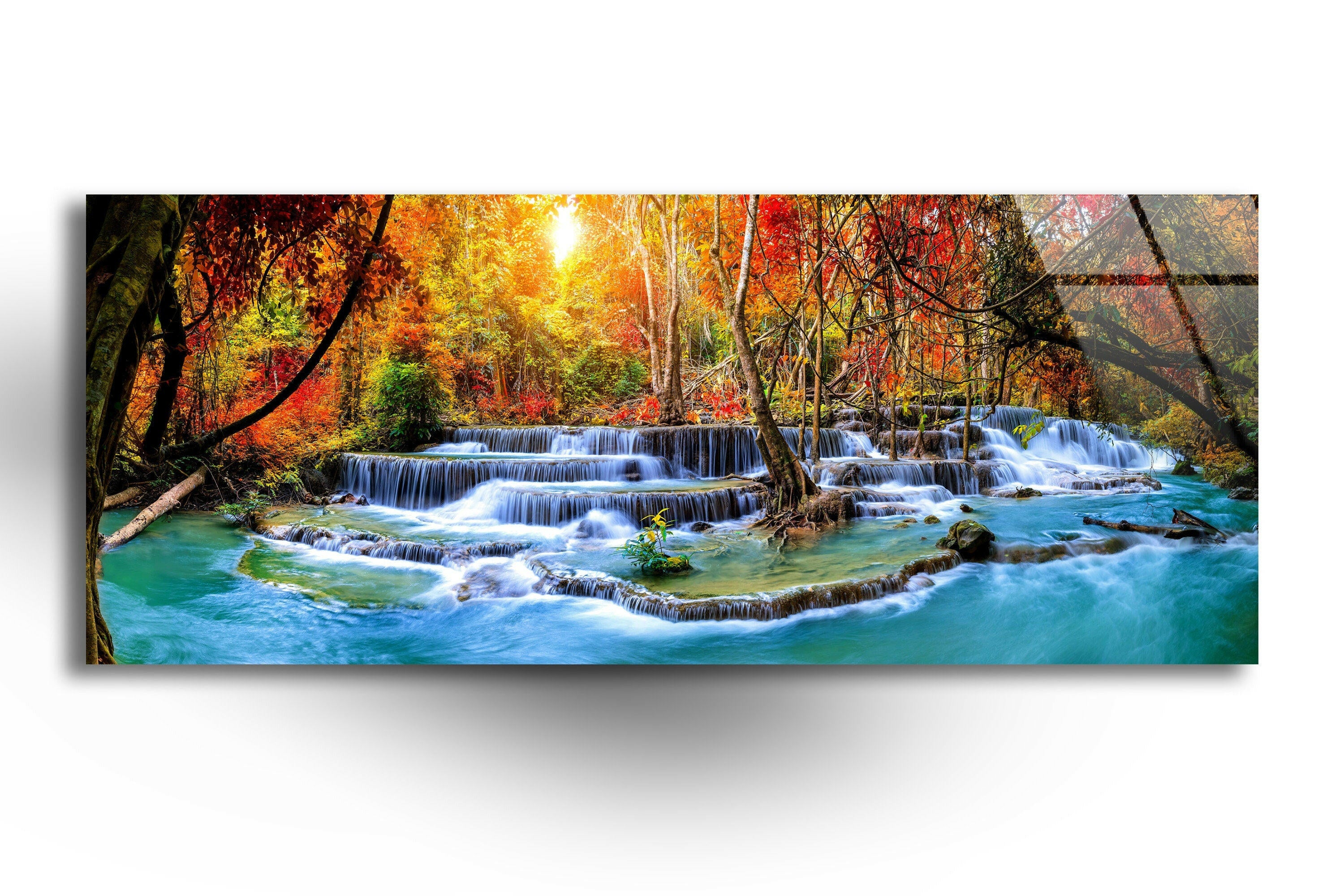 Panoramic Waterfall View at Forest Tempered Glass Wall Art