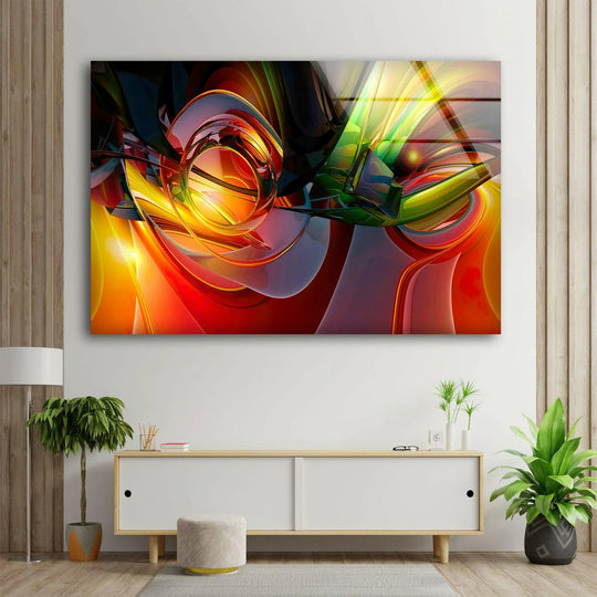 Vibrant red and green abstract glass wall art prints with a glossy, multi-dimensional fractal design.