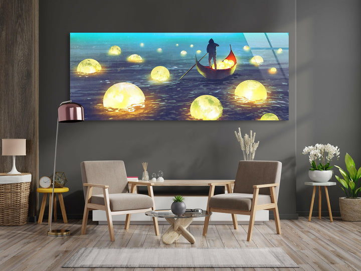 Mystical glass wall art of golden floating moons reflecting on the water.
