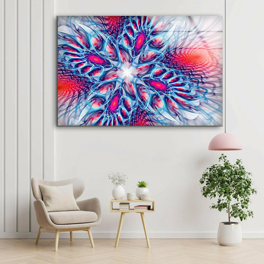 This vibrant glass art features a cool color temperature with electric blues and bright pinks, creating a stunning abstract fractal design.