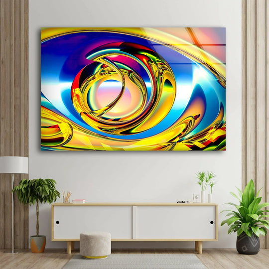 Vibrant, cool blue and warm yellow hues blend in this abstract glass printing featuring swirling, radiant light.