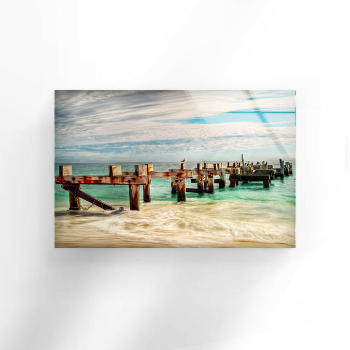 Serene Beach with Rustic Dock – A Beautiful Seaside Glass Artwork
