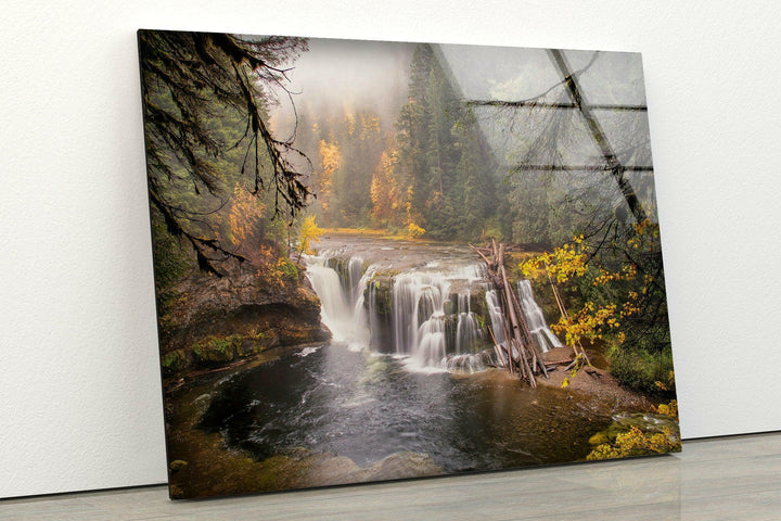 Serene Waterfall in a Golden Forest – A High-Definition Glass Artwork
