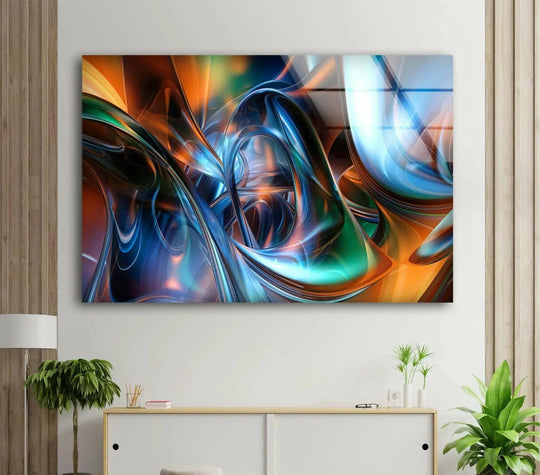 A polished abstract blue digital fractal artwork glass wall art with a unique modern wall decor finish.
