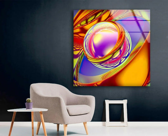 Dark navy wall art showcases vibrant abstract glass art with glowing purple and orange hues.