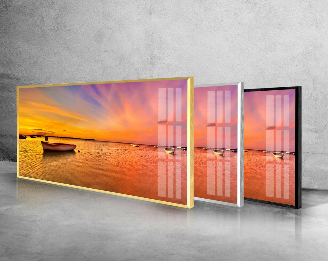 Fishing Boat At Sunset&Sea Glass Wall Art, picture on glass wall art, photos printed on glass