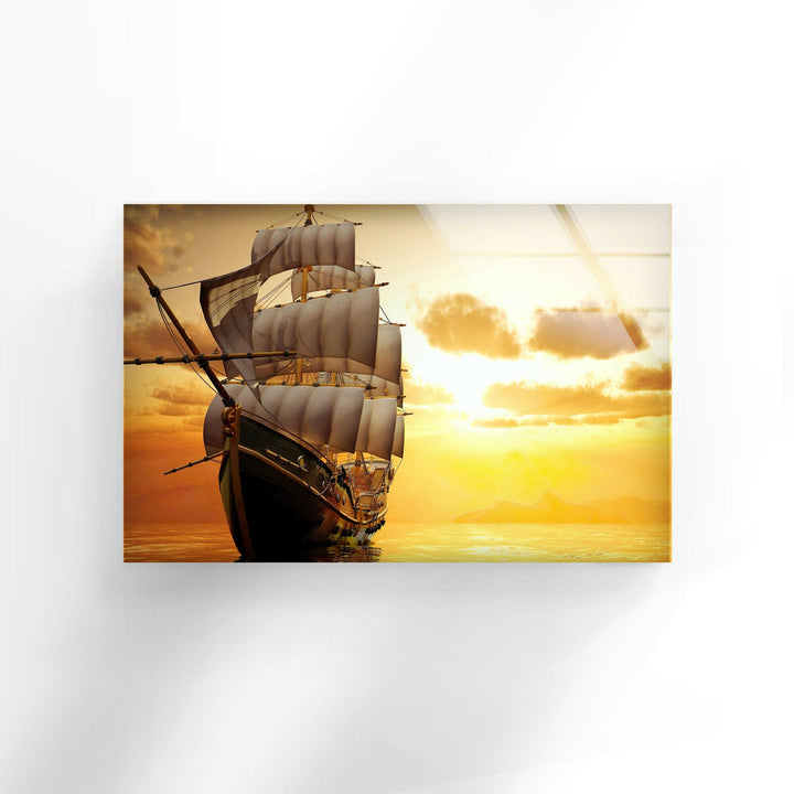 A serene sunset scene with a beautifully detailed ship sailing into the horizon.
