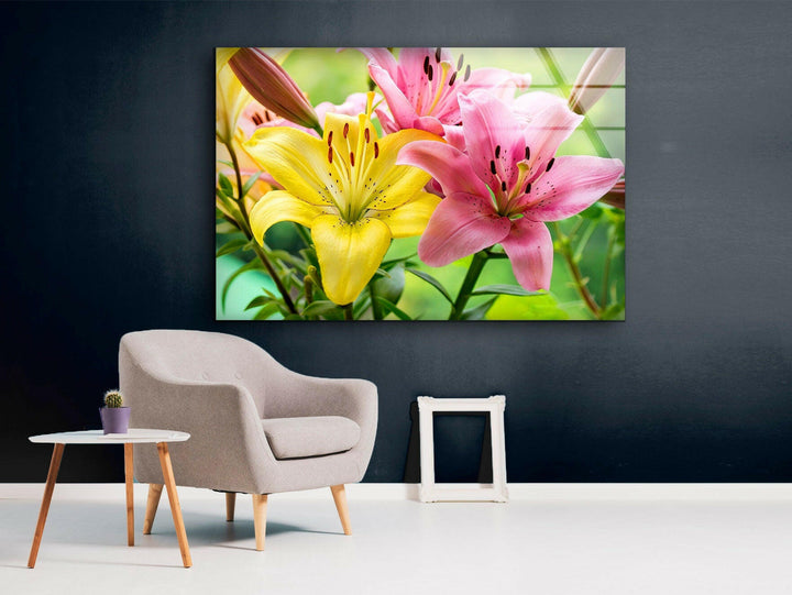 Yellow-Pink Lily Flower Glass Wall Art, glass pictures for Wall, glass prints wall art