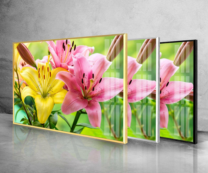 Yellow-Pink Lily Flower Glass Wall Art, photo print on glass, prints on glass wall art