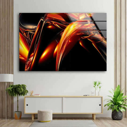 Dominating the dark, vast negative space, fiery orange and yellow fractal forms create a striking, unique modern wall decor.