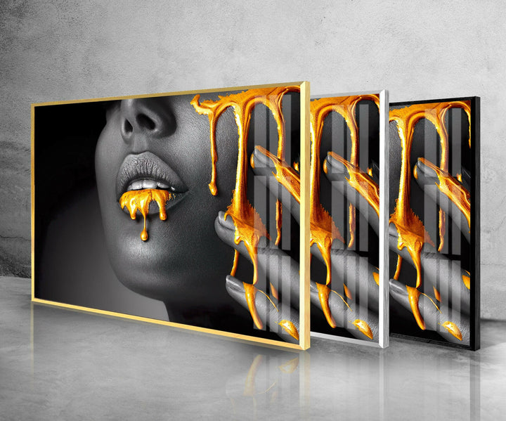 Black Woman Face Gold Liquid Glass Wall Art, picture on glass wall art, photos printed on glass