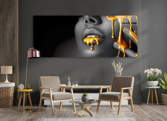 Cascading gold liquid on the black woman's face in this glass art painting captures a dynamic sense of movement, enhancing the wall art.