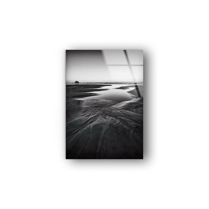 Black and white landscape art with soft waves and a peaceful shoreline – the perfect focal point for any room.

