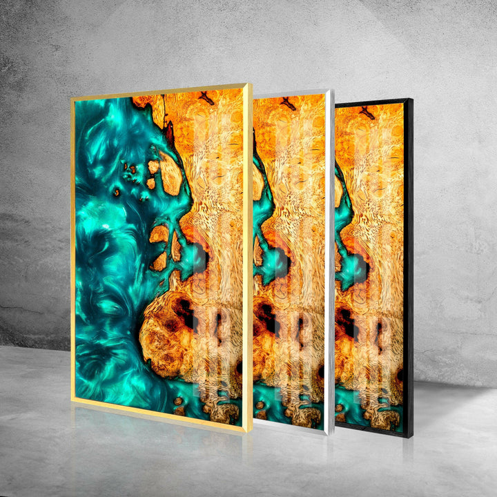Grüne Wandkunst aus Epoxidharz, Holz und Glas