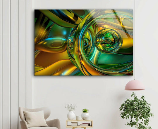 An abstract glass wall art with swirling, layered gold and green metallic forms that create a sense of depth and best glass art.