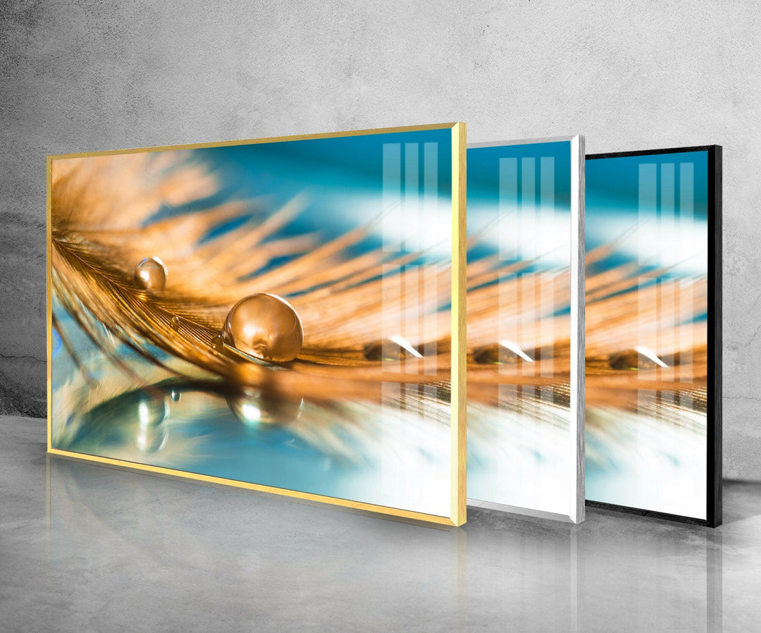 Goldener Tropfen auf der Feder, Glaswandkunst