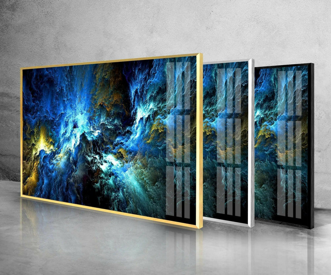 Stunning Cosmic Storm Abstract Wall Art featuring unique abstract glass design in vibrant blue hues for modern decor.