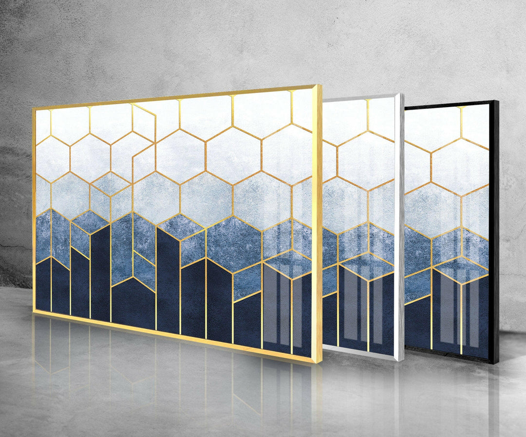Blaue Sechsecke Abstrakte Glaswandkunst