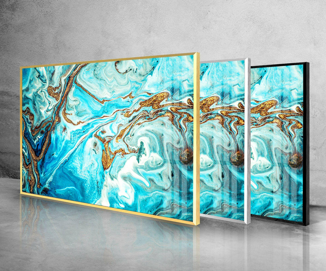 Gold and Turquoise Marble framed Glass Wall Art