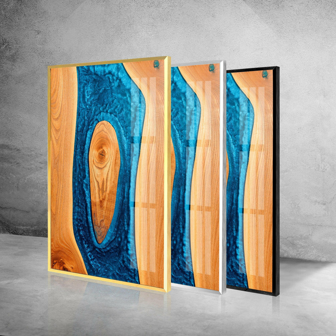 Wanddekoration aus Glas mit blauem Epoxidmuster aus Holz