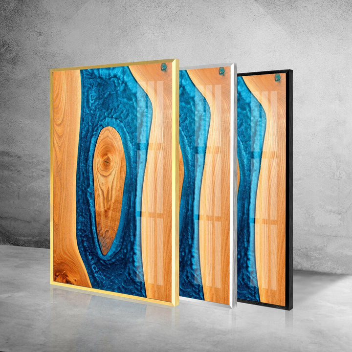 Wanddekoration aus Glas mit blauem Epoxidmuster aus Holz