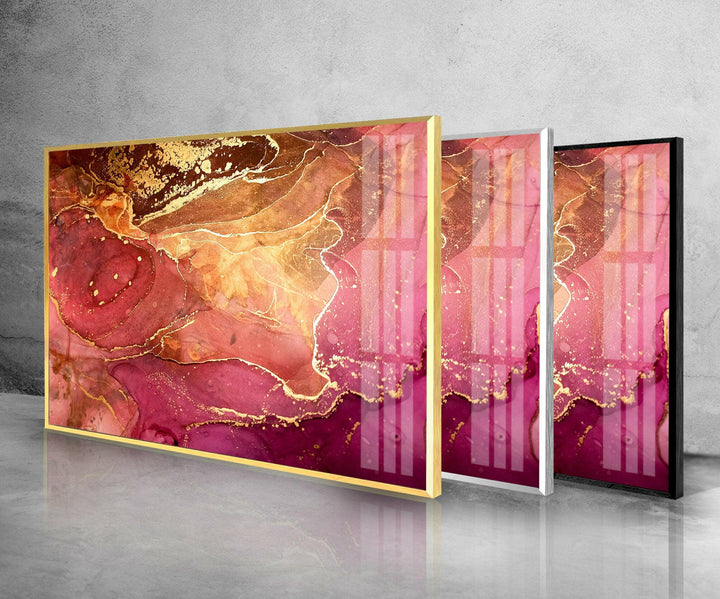 Abstrakte Glaswandkunst in Hot Pink und Gold