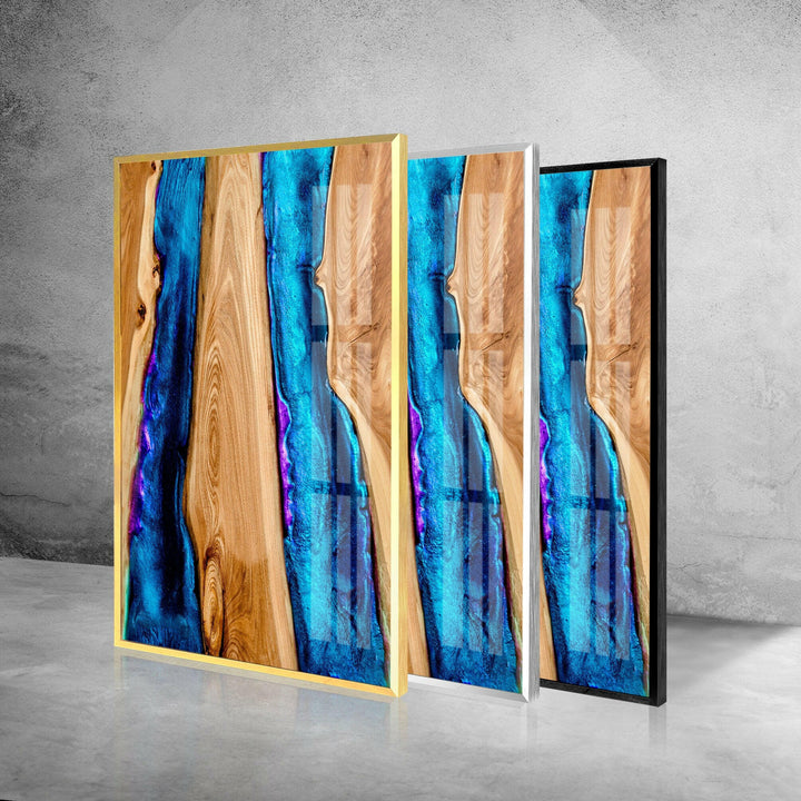 Wandkunst aus Holz und blauem Epoxidglas