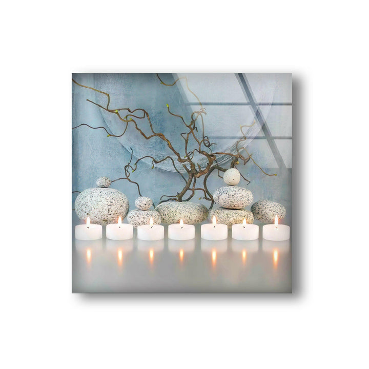 Candle With Zen Spa Stones Glass Wall Art