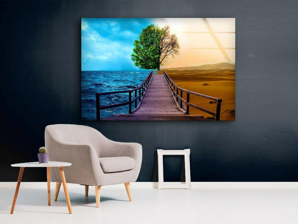 Surreal Landscape with Ocean and Desert – A Symbolic Glass Print
