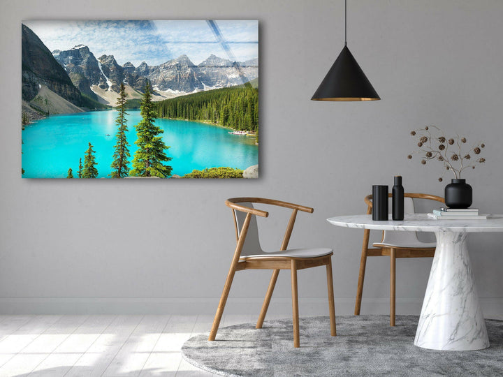 Nature’s perfect harmony: Moraine Lake on glass, showcasing the tranquil beauty of the Canadian Rockies.
