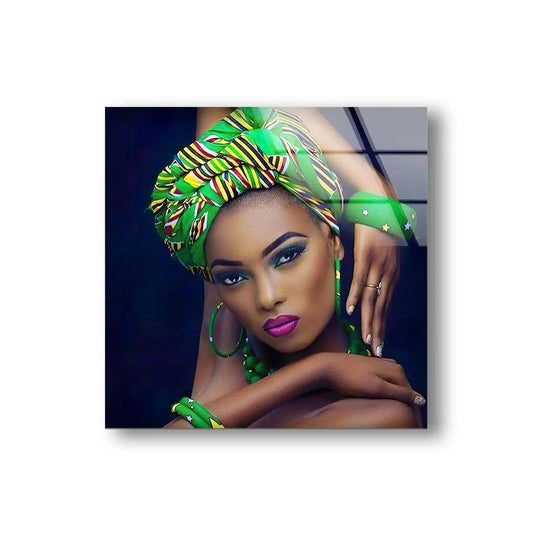 A striking African woman's portrait showcases a vibrant transition of green and yellow hues in this cool art home decor glass print.
