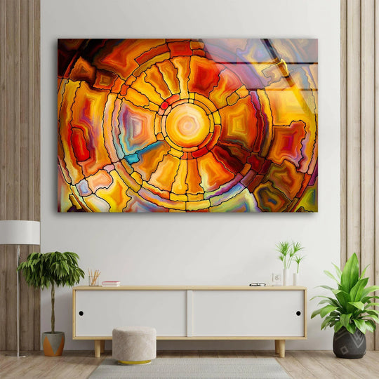 Orange fractal glass art reveals concentric layers and deep dimensions of warm, luminous color, creating a captivating visual experience.
