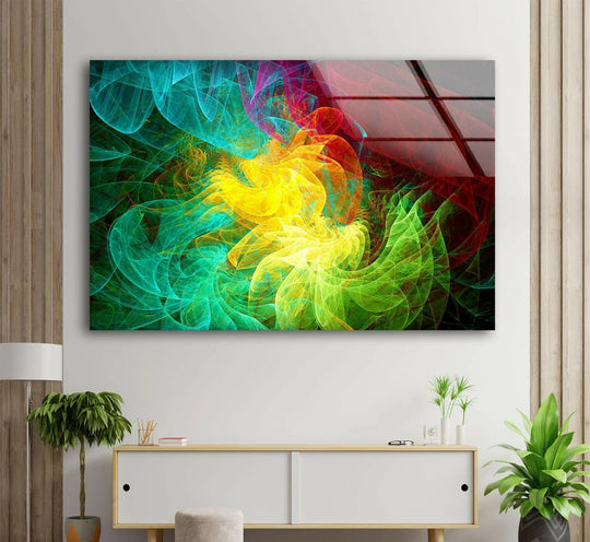 Vibrant yellow and green fractal patterns swirl across this abstract glass wall art, perfect for decorative wall art.