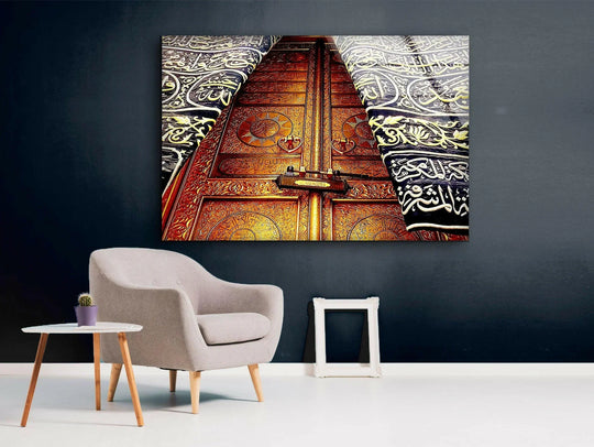 Religion glass wall art with gold door subject and Arabic script detail features Mecca Makkah al-Mukarramah door wall decor and Islamic artwork