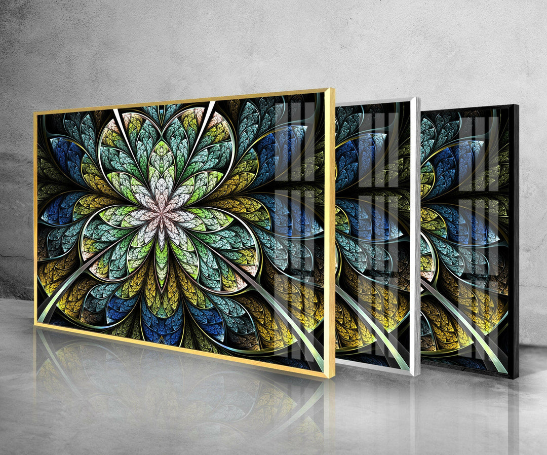 Blue Fractal Flower Glass Wall Art, custom glass pictures, glass art prints
