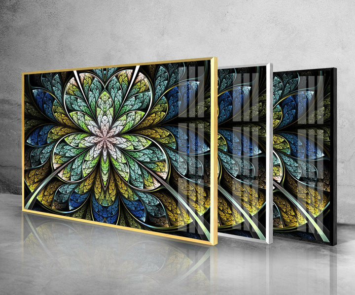 Blue Fractal Flower Glass Wall Art, custom glass pictures, glass art prints