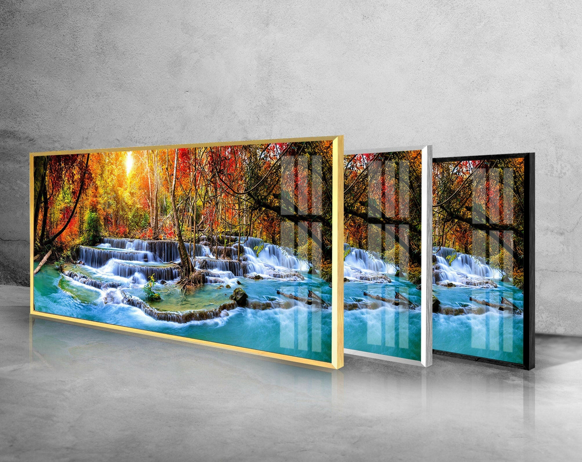 Panoramic Waterfall View at Forest Tempered Glass Wall Art