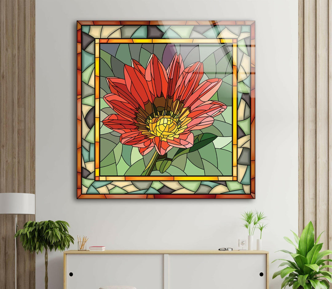 Red Mosaic Flower Stained Glass Wall Art glass pictures for Wall, glass prints wall art